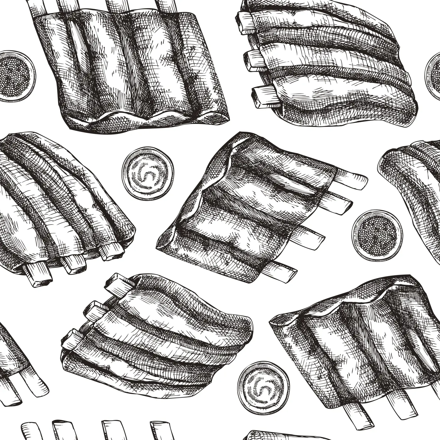Pork ribs seamless pattern. Traditional German food sketch. Oktoberfest menu design. Hand-drawn meat background for fast food festival. German cuisine pork meal backdrop Illustration